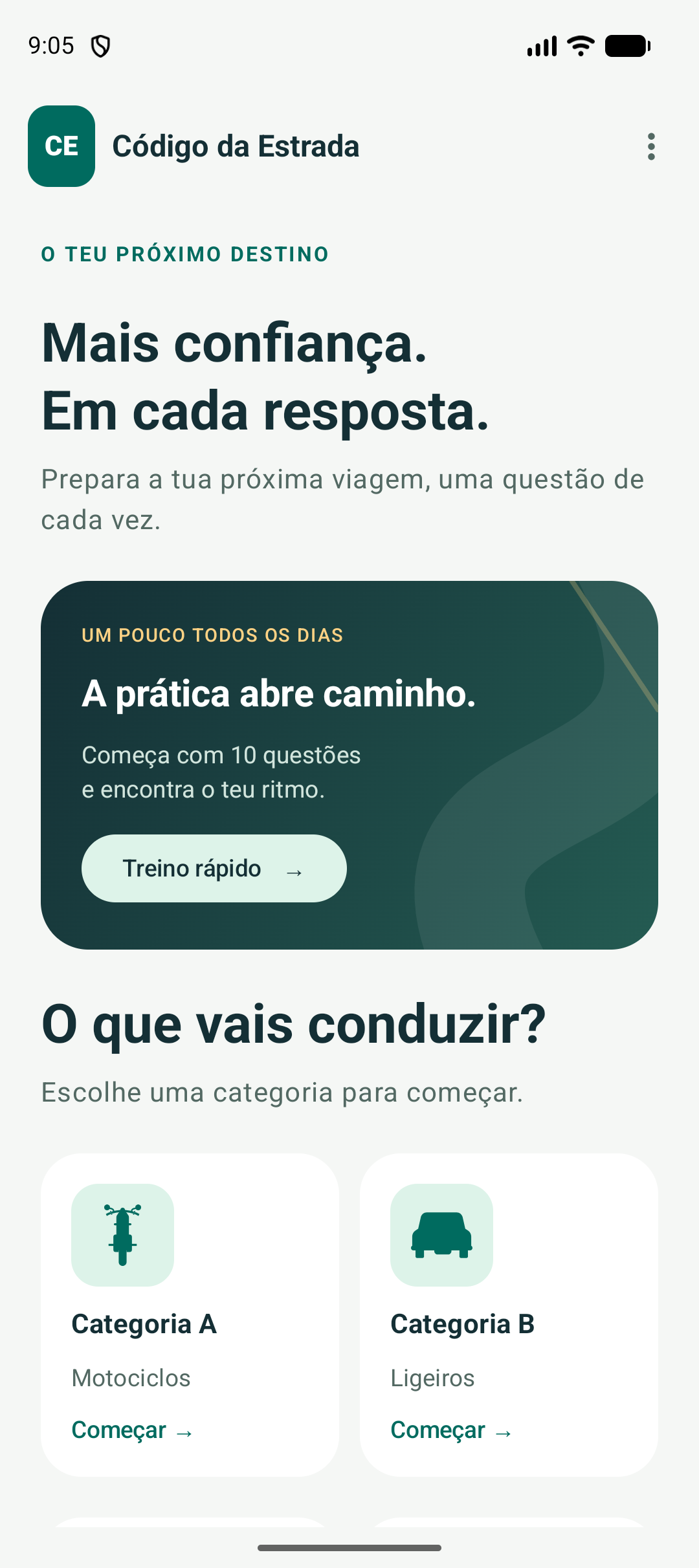 Ecrã principal da aplicação Código da Estrada